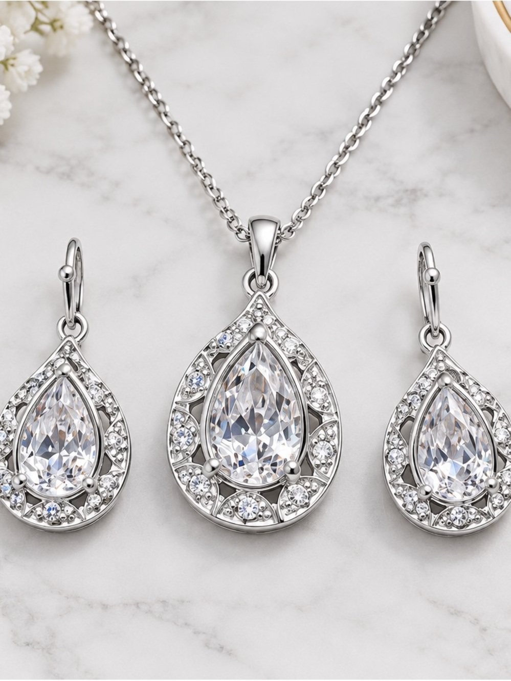 Avon Silver Teardrop Crystal Necklace and Earring Set